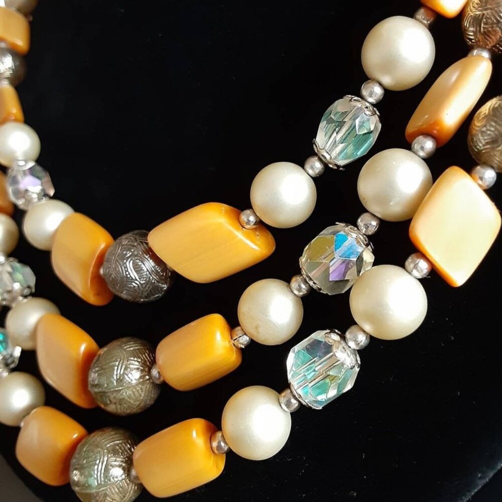 Long Strand Butterscotch Beaded Layer Necklace - Mid Century Style
